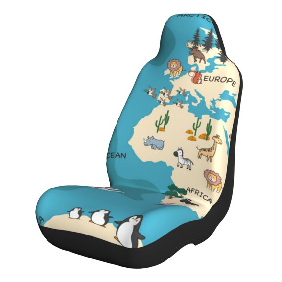 Xecao World Map With Animal for Automotive Seat Covers for Cars Trucks and SUVs – Gray Car Seat Covers for Front Seats, Truck Seat Protectors-2 PCS