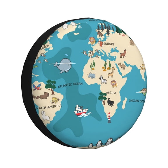Xecao World Map With Animal for Tire Covers,Wheel Tire Cover Waterproof, Dust-Proof, And Universally Fitting for Cars,Trailers, SUVs-14 inch