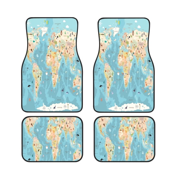 Xecao World Map With Animals 1 Print Car Foot Mat Set of 4 Pieces Neoprene All-Weather Dust-Proof Stain-resistantCar Interior Decorative mats Non-Slip Mats
