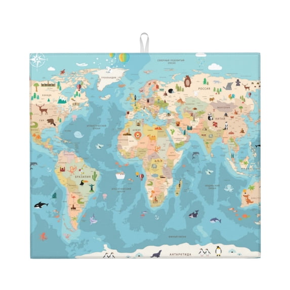 Xecao World Map With Animals 1 Print Dish Drying Mat for Kitchen Counter,Absorbent Coffee Bar Mat, Dish Drainer Rack Mats,Dining Room Decoration