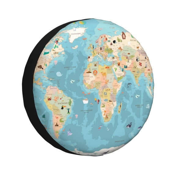 Xecao World Map With Animals 1 for Tire Covers,Wheel Tire Cover Waterproof, Dust-Proof, And Universally Fitting for Cars,Trailers, SUVs-14 inch