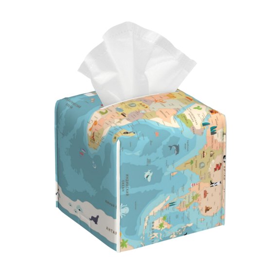 Xecao World Map With Animals 1 for Tissue Box Cover Holder Square - Leather Decorative Organizer for Tabletop, Bathroom, Car, Office