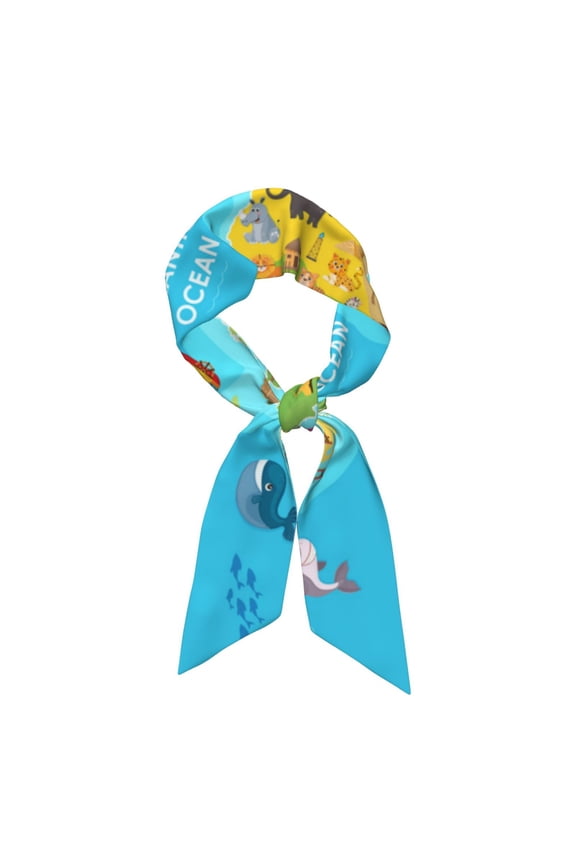 World Map With Animals Landmarks Pattern Large Satin Head Scarf - Satin Hair Scarves Silk Bandana Scarf Headscarf Silk Feeling Scarf for Women