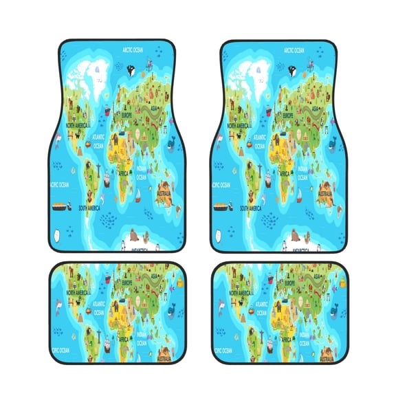 Xecao World Map With Animals Landmarks Print Car Foot Mat Set of 4 Pieces Neoprene All-Weather Dust-Proof Stain-resistantCar Interior Decorative mats Non-Slip Mats