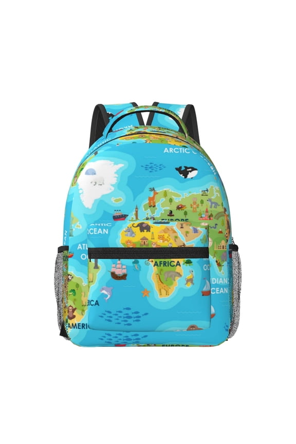 World Map With Animals Landmarks Print Casual Backpack: A Computer Backpack Ideal for Men and Women, Perfect for College, School, or Daily Travels-One Size