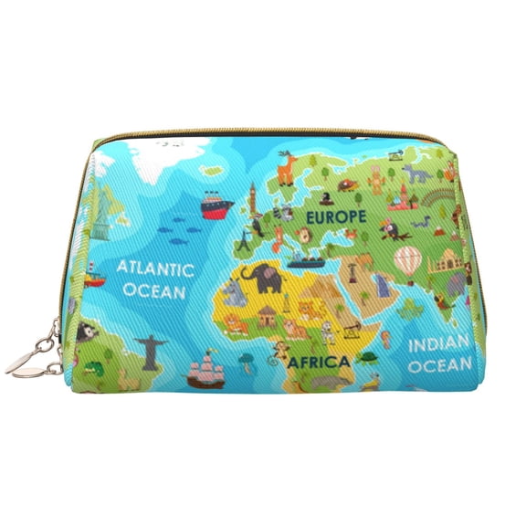 Xecao World Map With Animals Landmarks Print Fashion Makeup PVC Bag Large Capacity Travel Cosmetic Bag for Women Organizer Toiletry Clutch