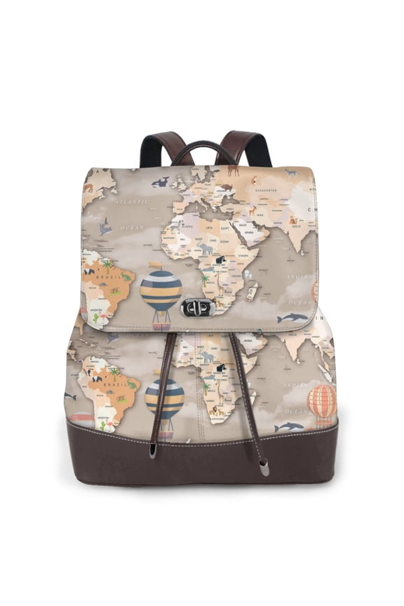 World Map With Animals Print Large Backpack Soft Leather for Women Travel with Compartment, Adjustable Convertible Strap