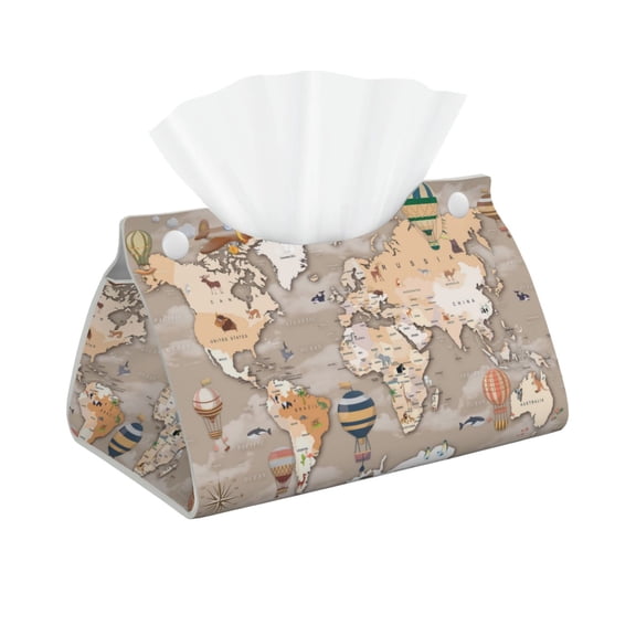Xecao World Map With Animals Print Tissue Box Cover,Modern PVC Leather Square Tissue Box Holder for Creative Decorative