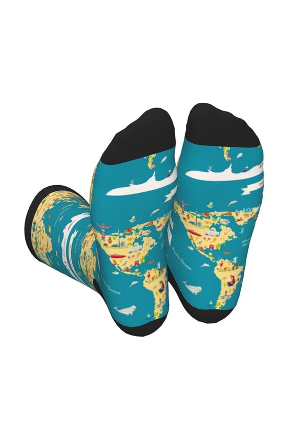 World Map With Landmarks Print Crew Socks for Men and Women, Men's Soft Moisture-wicking Sock