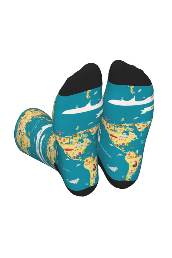 World Map With Landmarks Print Crew Socks for Men and Women, Men's Soft Moisture-wicking Sock