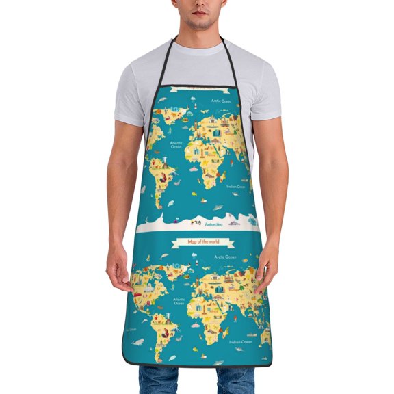 Xecao World Map With Landmarks Print Funny BBQ Chef Aprons for Men Women,Adjustable Kitchen Cooking Aprons with Pocket Waterproof Oil Proof No Pilling Fading