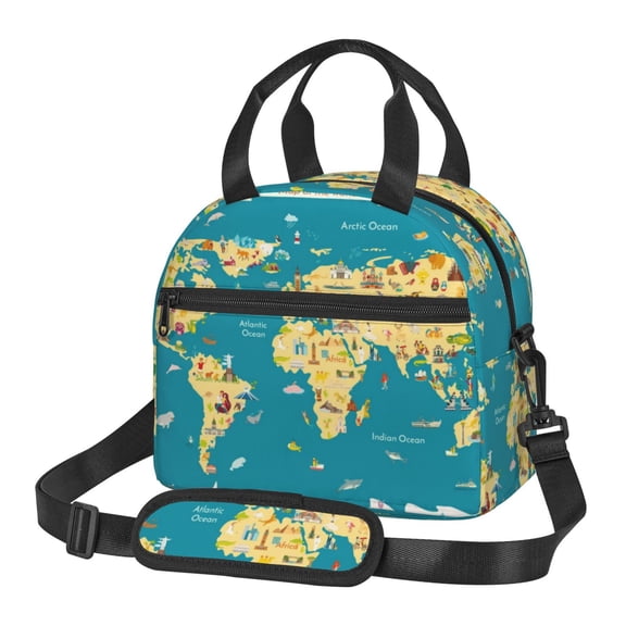 Xecao World Map With Landmarks Print Insulated Lunch Box, Lunch Cags Lunch Bag Featuring An Adjustable Shoulder Strap