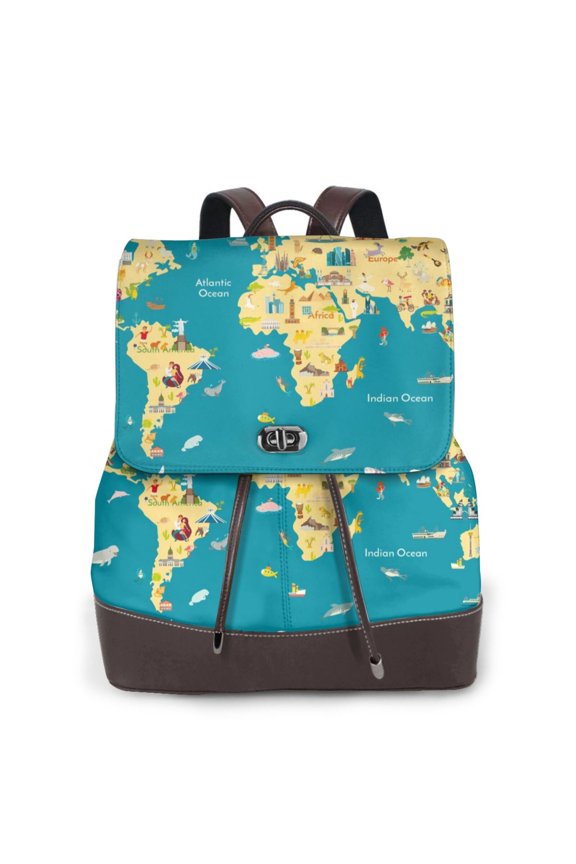 World Map With Landmarks Print Large Backpack Soft Leather for Women Travel with Compartment, Adjustable Convertible Strap