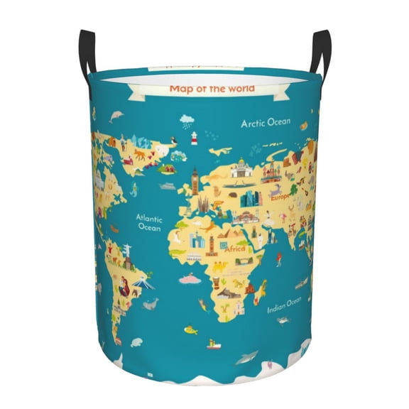 Xecao World Map With Landmarks Print Laundry Hamper Basket,designed for Blanket Storage and Nursery Clothes in the Bedroom
