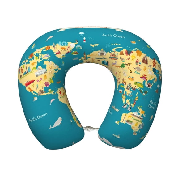 Xecao World Map With Landmarks Print Memory Foam Cervical Neck Pillow Versatile U-Shaped Pillows for Home,Office,Camping,Travelling,Soft Washable Cover