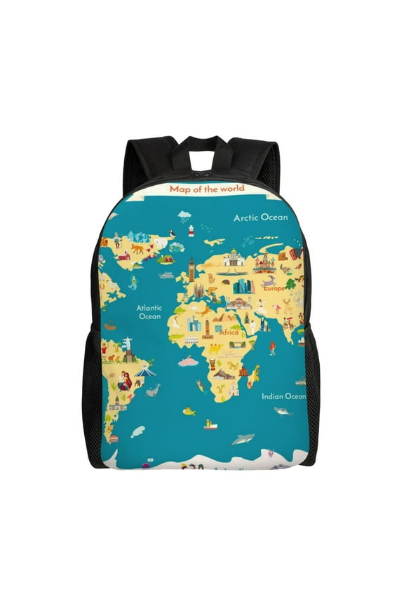 World Map With Landmarks Print School Backpack with Laptop Compartment Small Travel Laptop Backpack for Women Men Waterproof College Backpack Simple School Bag