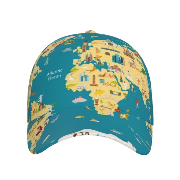 Xecao World Map With Landmarks for Baseball Cap: Unisex, crafted from classic polyester twill fabric, featuring a soft unconstructed design