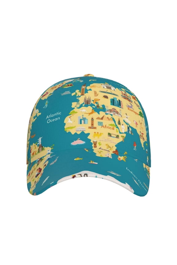 World Map With Landmarks for Baseball Cap: Unisex, crafted from classic polyester twill fabric, featuring a soft unconstructed design