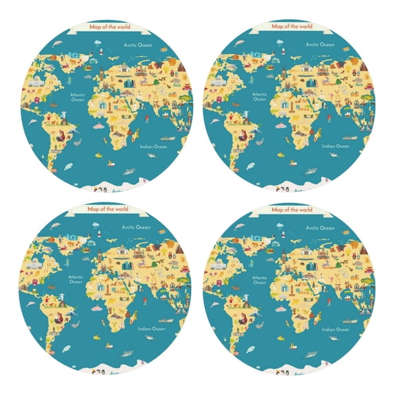 Xecao World Map With Landmarks for MDF Cork Coaster 4 Pcs,Drink Coasters,Suit for House Warming Gifts New Home ,Coffee Table Decor-Round Shape