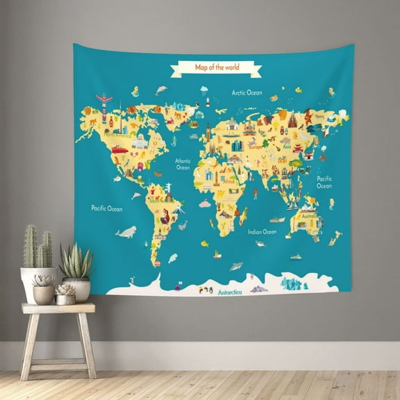 Xecao World Map With Landmarks patten Tapestry 60x51 Inches Wall Hanging Poster Tapestry for Living Room Bedroom Home Decor