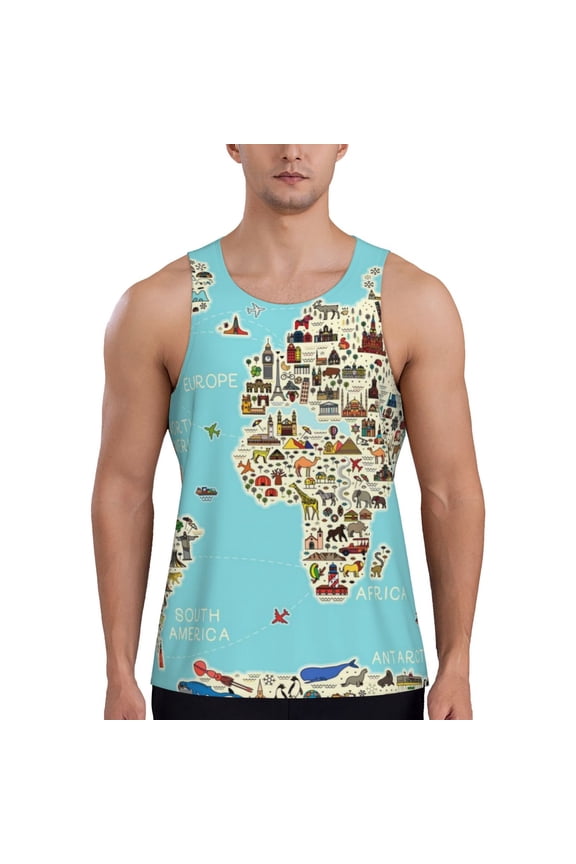 World Travel Line Icons Map Men's Tank Top Workout Quick Dry Sleeveless Gym Jogging Muscle Shirts Summer Swim Beach Tops