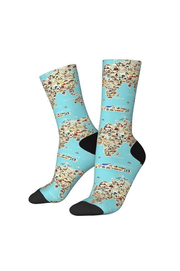 World Travel Line Icons Map Pattern Sport Socks for Women and Men Crew Socks Sporty Calf Socks Casual Socks