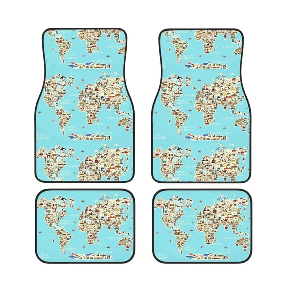 Xecao World Travel Line Icons Map Print Car Foot Mat Set of 4 Pieces Neoprene All-Weather Dust-Proof Stain-resistantCar Interior Decorative mats Non-Slip Mats