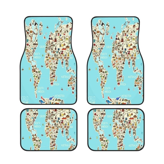 Xecao World Travel Line Icons Map Print Car Foot Mat Set of 4 Pieces Neoprene All-Weather Dust-Proof Stain-resistantCar Interior Decorative mats Non-Slip Mats