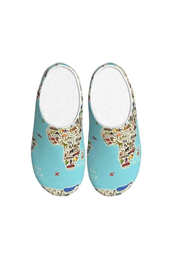 World Travel Line Icons Map Print Cotton Slippers Fuzzy Warm Cozy Slippers Non Slip House Slippers For Indoor Outdoor Cotton Slippers House Slippers-35/36