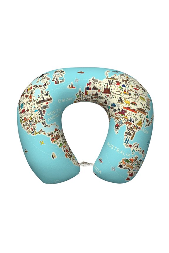 World Travel Line Icons Map Print Memory Foam Cervical Neck Pillow Versatile U-Shaped Pillows for Home,Office,Camping,Travelling,Soft Washable Cover
