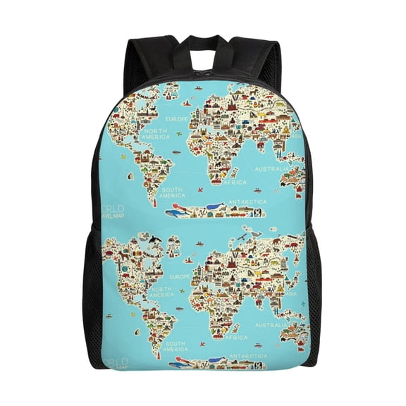 Xecao World Travel Line Icons Map Print School Backpack with Laptop Compartment Small Travel Laptop Backpack for Women Men Waterproof College Backpack Simple School Bag