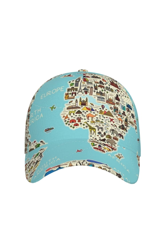 World Travel Line Icons Map for Baseball Cap: Unisex, crafted from classic polyester twill fabric, featuring a soft unconstructed design