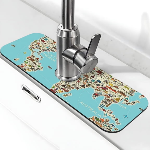 Xecao World Travel Line Icons Map for Kitchen Sink Splash Guard Faucet Mat , Faucet Guard & Draining mat, (15" X 5.5" )