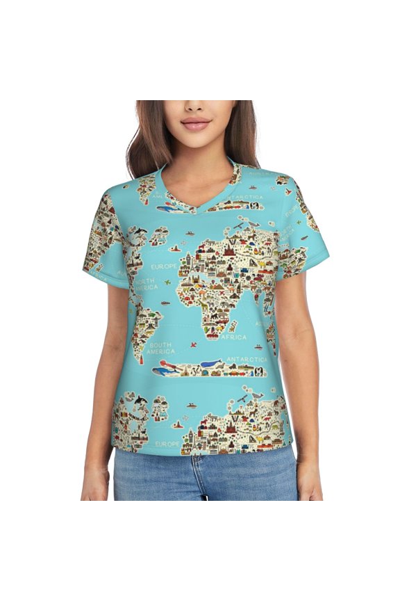 World Travel Line Icons Map for Women's V-Neck T-Shirts-Elegant Half-Sleeve Tops Perfect for Summer-3X-Large