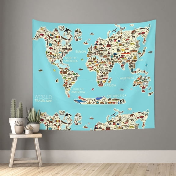 Xecao World Travel Line Icons Map patten Tapestry 60x51 Inches Wall Hanging Poster Tapestry for Living Room Bedroom Home Decor
