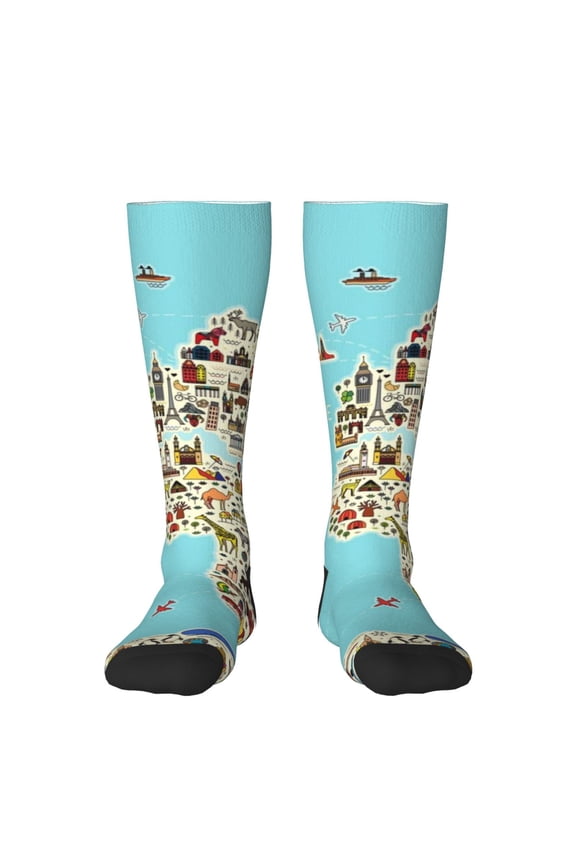 World Travel Line Icons Map print thigh-high socks, crafted for both men and women with a stretchy, high-opaque design perfect for daily wear