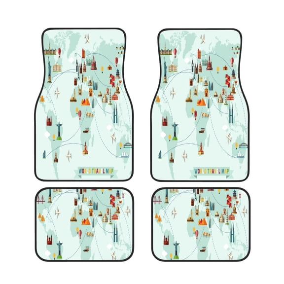 Xecao World Travel Map Print Car Foot Mat Set of 4 Pieces Neoprene All-Weather Dust-Proof Stain-resistantCar Interior Decorative mats Non-Slip Mats