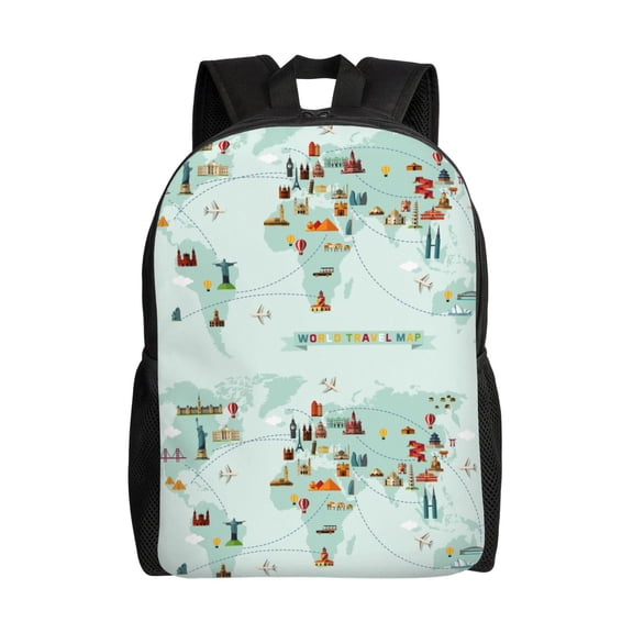 Xecao World Travel Map Print School Backpack with Laptop Compartment Small Travel Laptop Backpack for Women Men Waterproof College Backpack Simple School Bag