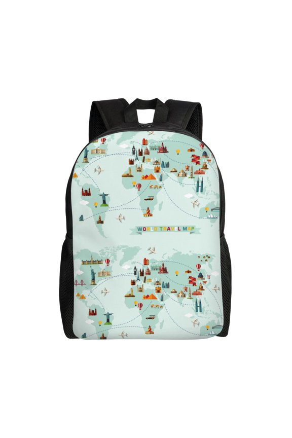 World Travel Map Print School Backpack with Laptop Compartment Small Travel Laptop Backpack for Women Men Waterproof College Backpack Simple School Bag