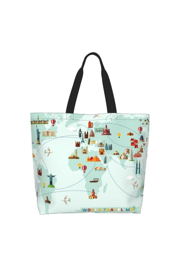 World Travel Map for Tote Bag for Women, Tote Shoulder Bag with a littlw pocket and Handbag for Travel, Work