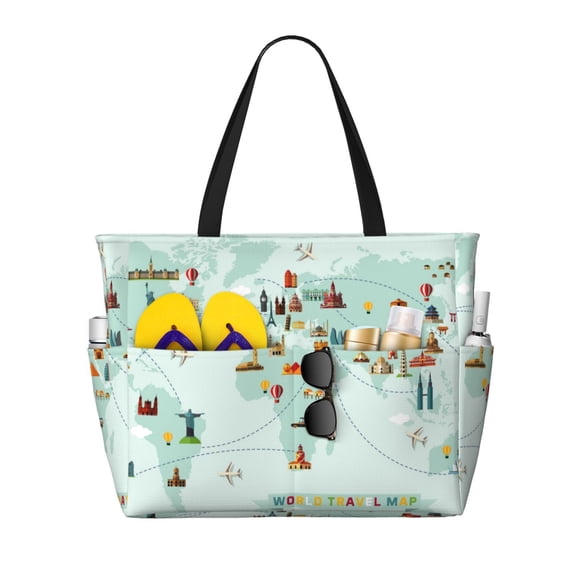 Xecao World Travel Map for versatile beach bag for women includes zipper pockets and waterproof material, ideal for vacations and adventures.