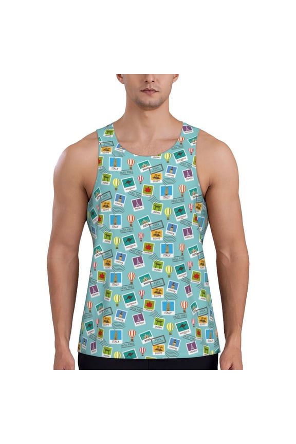 World Travel1 Men's Tank Top Workout Quick Dry Sleeveless Gym Jogging Muscle Shirts Summer Swim Beach Tops