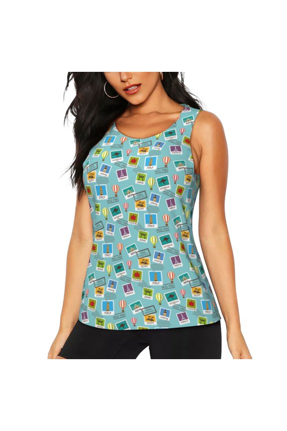 World Travel1 print women's scoop neck, loose-fit workout tank tops for the gym.
