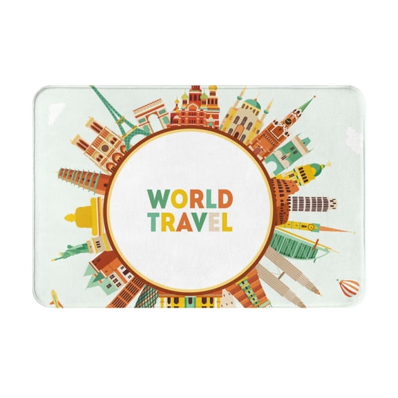 Xecao World Travel3 print Flannel Mat: Non-slip, 16x24in. Ideal for kitchen, bedroom, bath & living room.