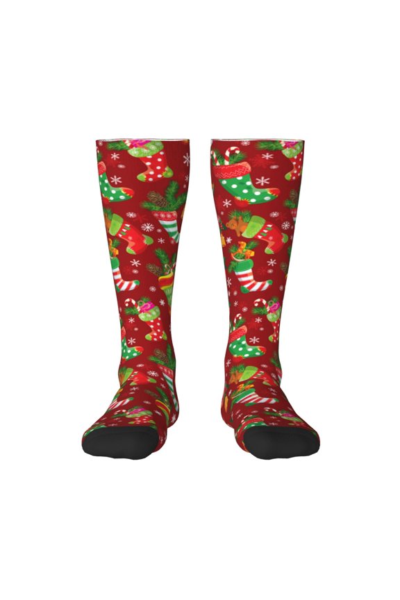 X-mas and New Year print thigh-high socks, crafted for both men and women with a stretchy, high-opaque design perfect for daily wear