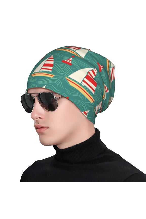 Yachts And Buoys Print Beanie Knitted Hat for Men Women, Winter Fashion Knit Cuffed Caps Unisex