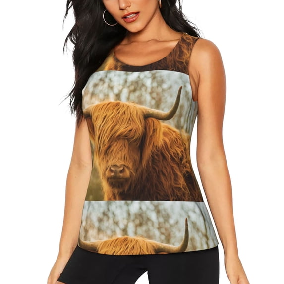 Xecao Yak print women's scoop neck, loose-fit workout tank tops for the gym.