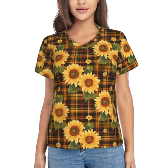 Xecao Yellow Black Plaid Sunflower for Women's V-Neck T-Shirts-Elegant Half-Sleeve Tops Perfect for Summer-3X-Large