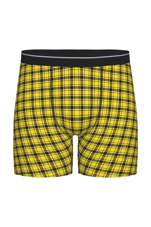 Yellow Checkered Plaid Print Boxer Briefs for Men's Stretch Moisture-Wicking Underwear, Mid-Rise Classics breathable fabric