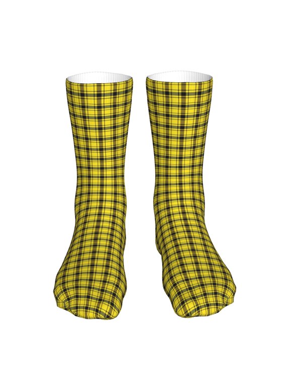Yellow Checkered Plaid Print Fashion No Heel Casual Crew Socks Cushioned Breathable for Men Women - Moisture wicking,Not easy to fade Suitable for daily